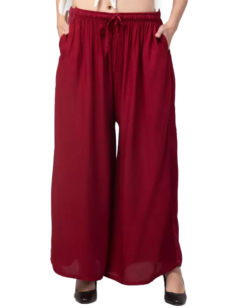 Women's Plus Size Relaxed Fit Viscose Rayon Palazzo Trousers (Maroon) - GillKart
