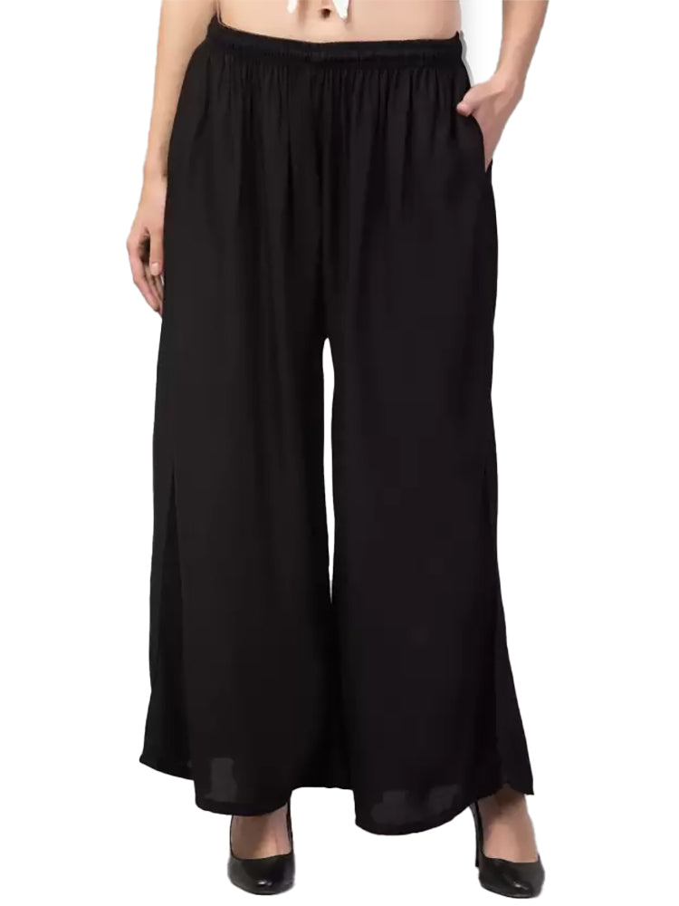 Women's Plus Size Relaxed Fit Viscose Rayon Palazzo Trousers (Black) - GillKart