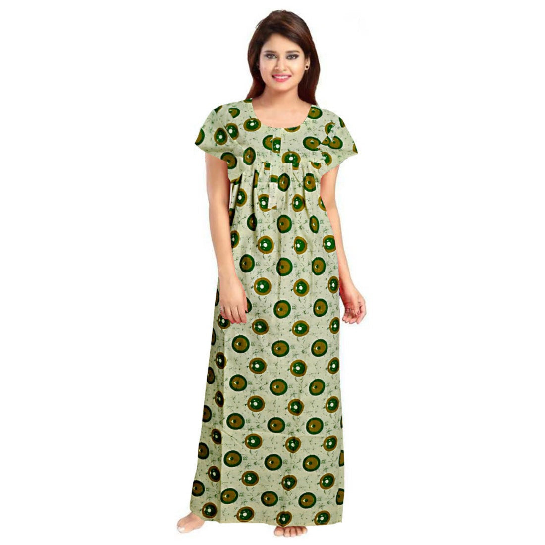 Green cotton printed maxi nightgown for women, short sleeves and round neck, suitable for daily wear
