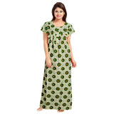 Green cotton printed maxi nightgown for women, short sleeves and round neck, suitable for daily wear