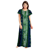Green cotton printed maxi nightgown for women, short sleeves and round neck, daily wear