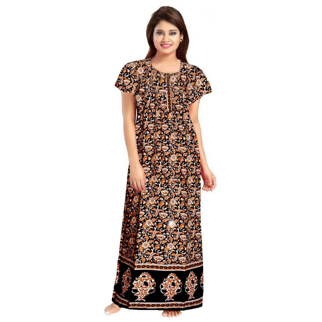 Brown cotton printed maxi nightgown for women's daily wear, short sleeves and round neck
