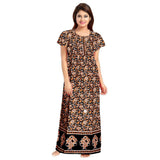 Brown cotton printed maxi nightgown for women's daily wear, short sleeves and round neck