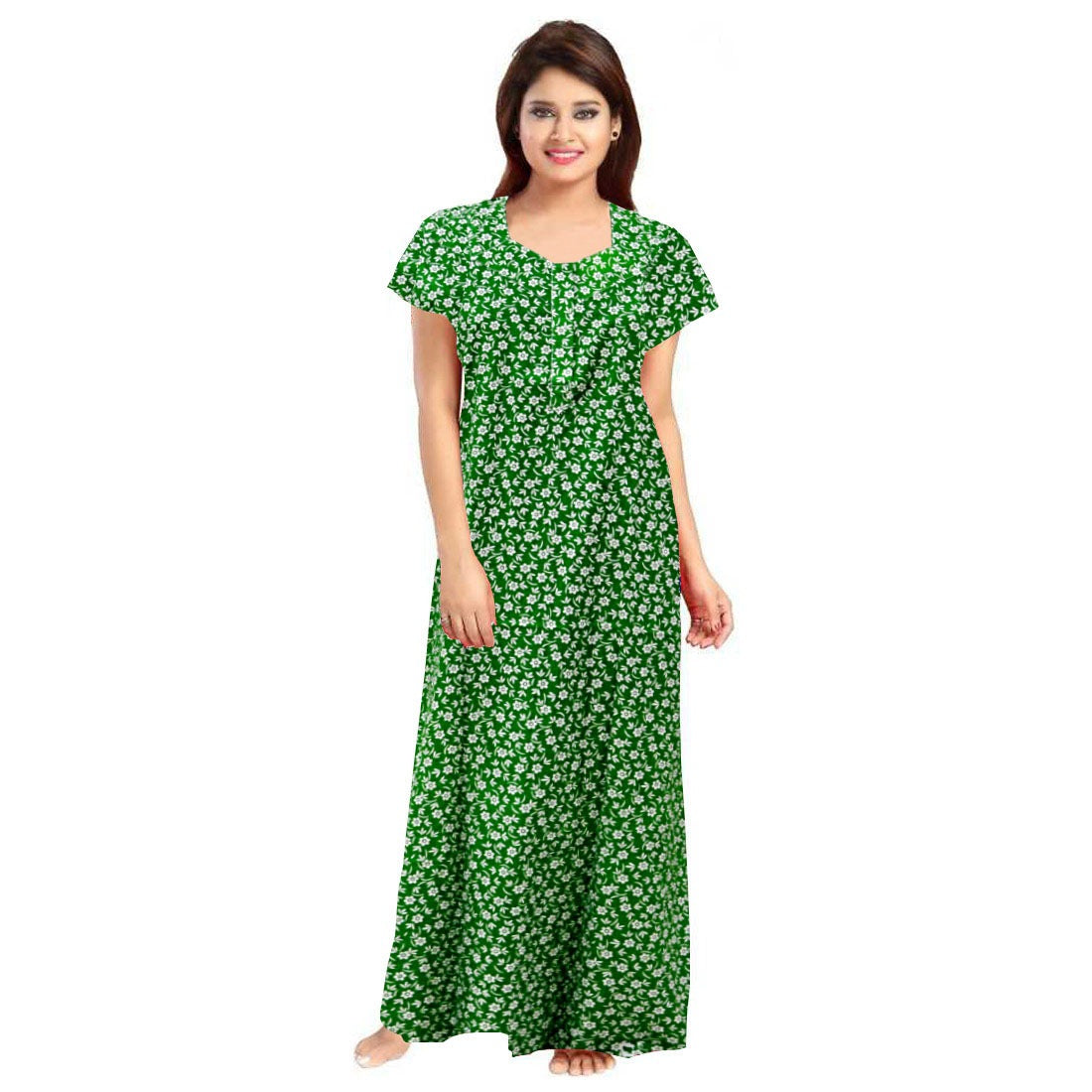 Women's Cotton Printed Maxi Nighty (Green) - GillKart