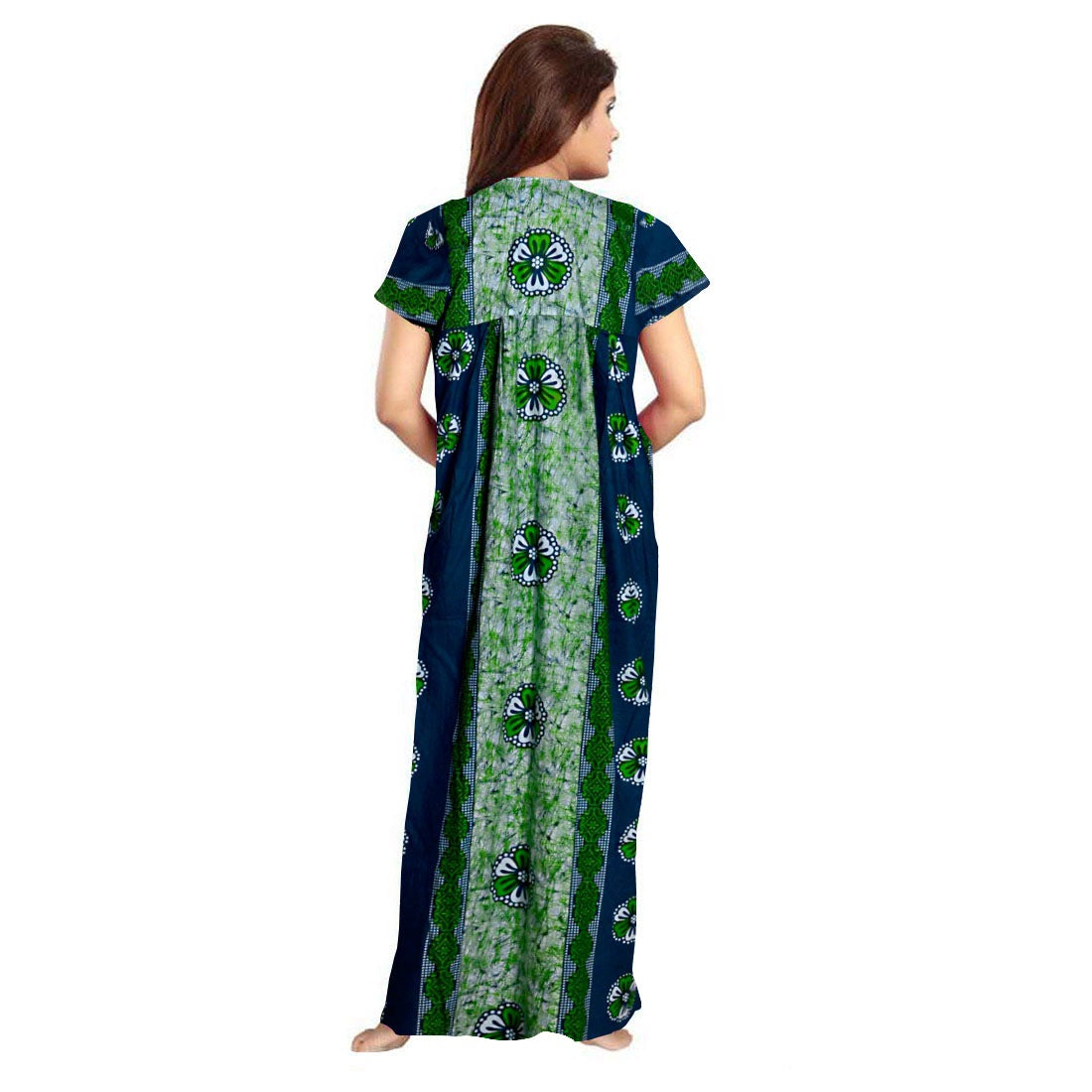 Green cotton printed maxi nightgown with short sleeves and round neck for daily wear