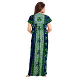 Green cotton printed maxi nightgown with short sleeves and round neck for daily wear
