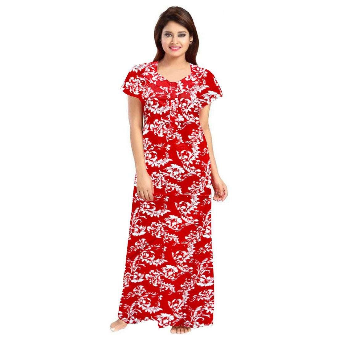 Women's red cotton printed maxi nighty with short sleeves and round neck for daily wear, vibrant color on display