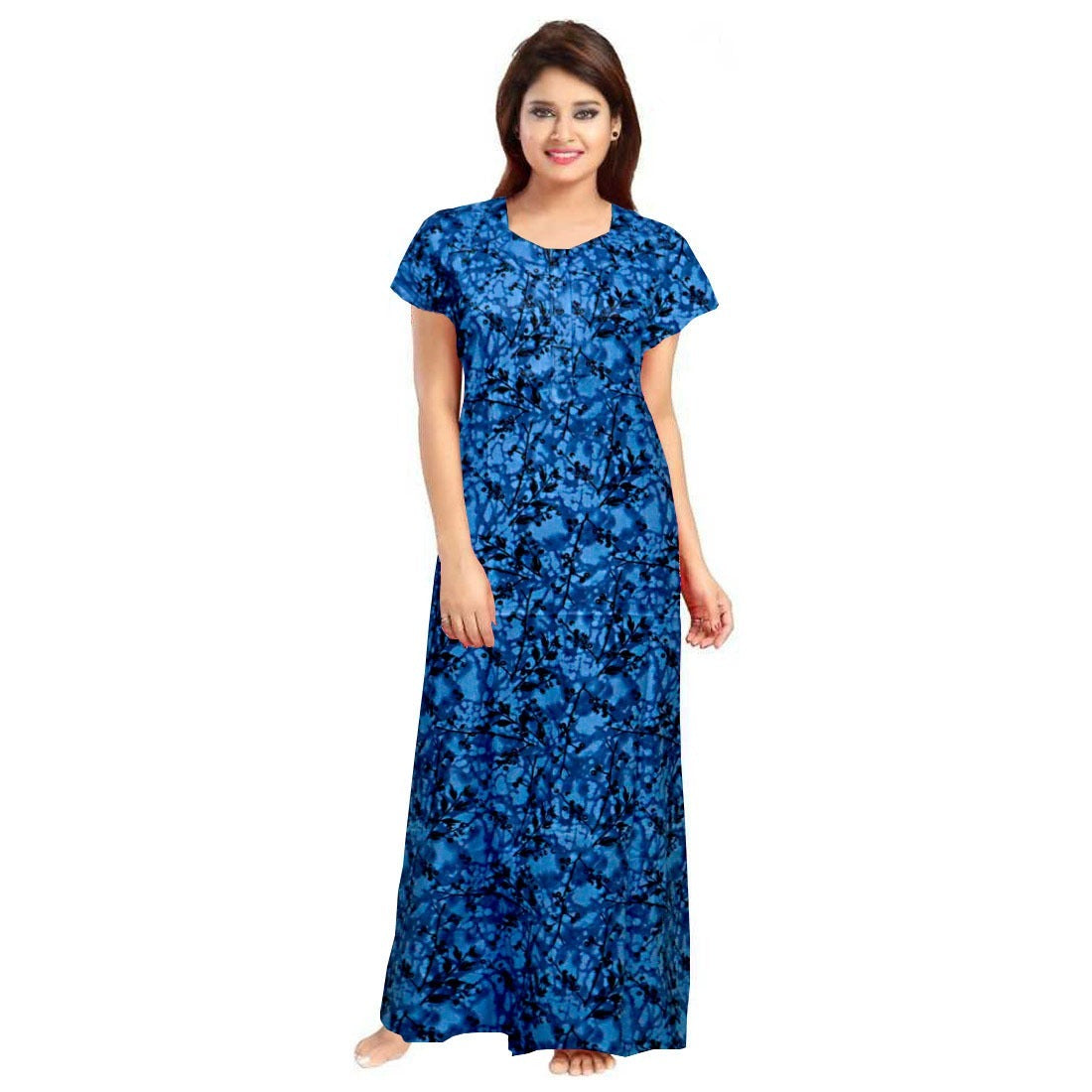 Blue cotton printed maxi nightgown for daily wear, short sleeves and round neck