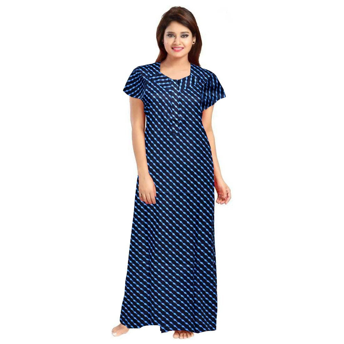 Blue cotton printed maxi nightgown with short sleeves and round neck, suitable for daily wear