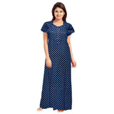 Blue cotton printed maxi nightgown with short sleeves and round neck, suitable for daily wear