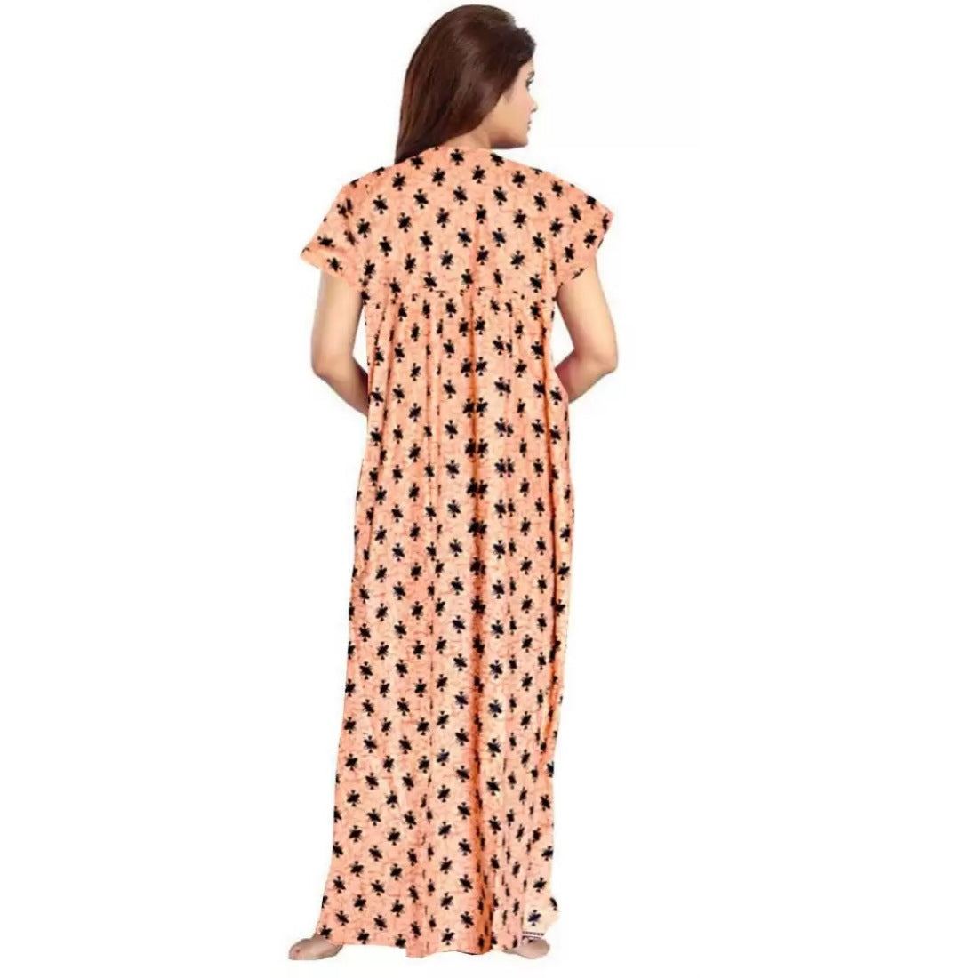 Peach cotton printed maxi nighty for women's daily wear, short sleeves and round neck