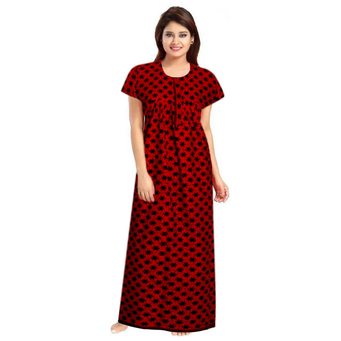 Red cotton printed maxi nightgown with short sleeves and round neck, suitable for daily wear