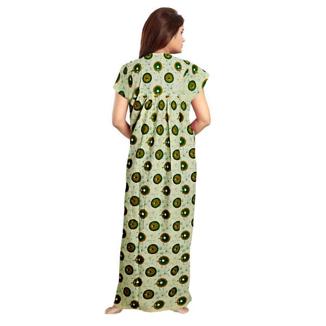 Green cotton printed maxi nightgown for daily wear, short sleeves and round neck