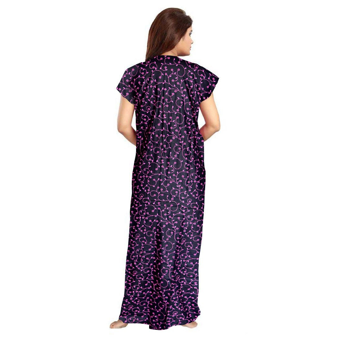 Purple cotton printed maxi nighty for daily wear, short sleeves and round neck