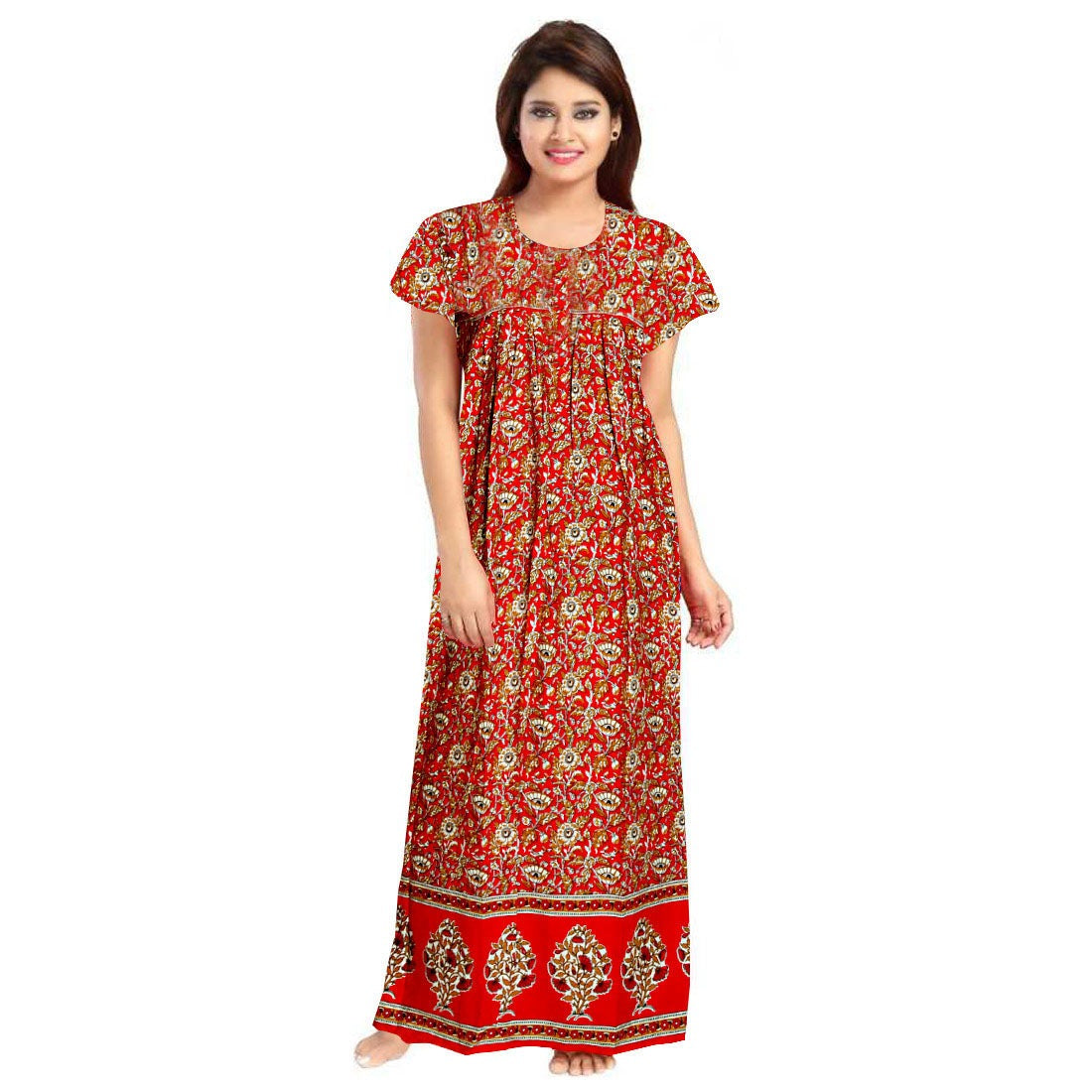 Women's Cotton Printed Maxi Nighty (Red) - GillKart
