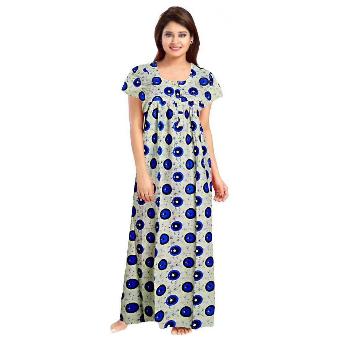 Off-white cotton printed maxi nightgown for women's daily wear, short sleeves and round neck design
