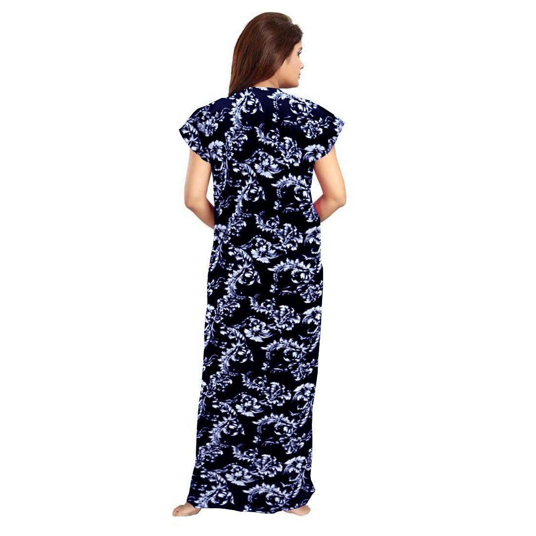 Blue cotton printed maxi nightgown with short sleeves and round neck for daily wear