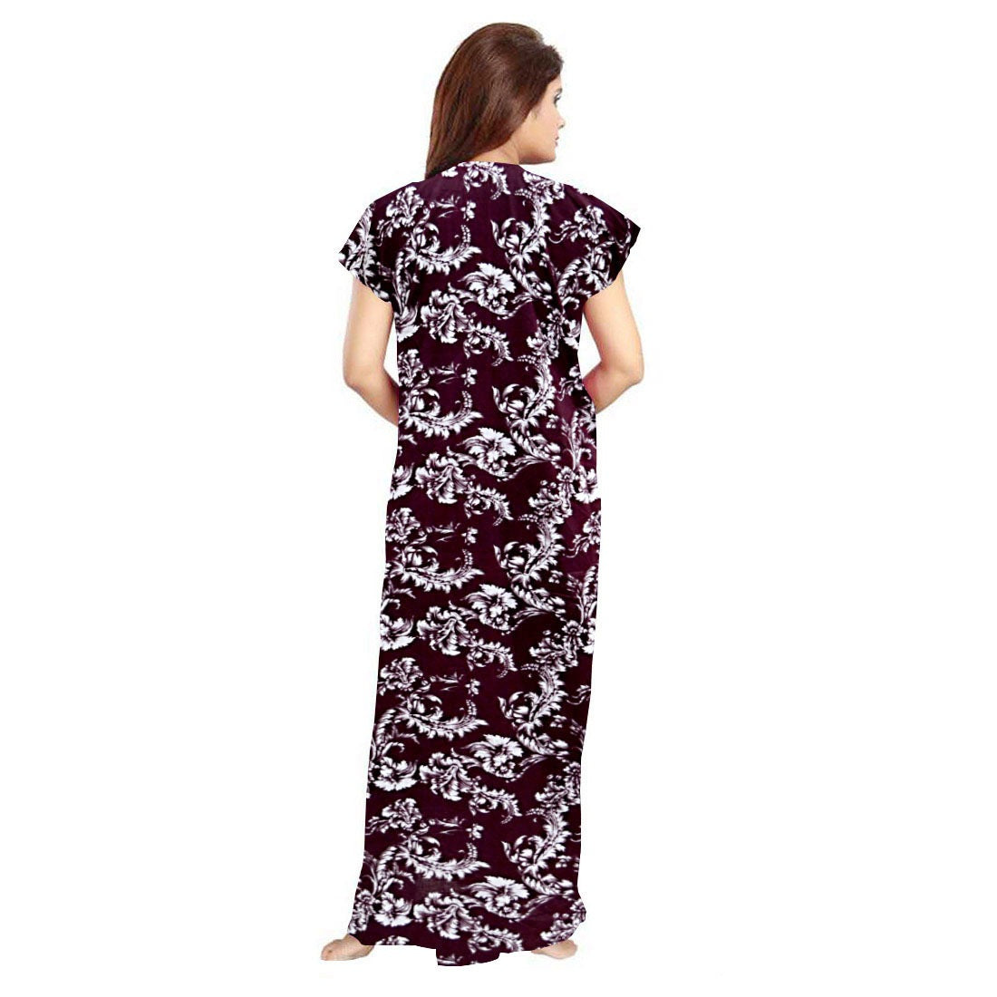 Wine cotton printed maxi nighty for daily wear, short sleeves, round neck