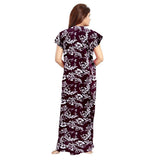 Wine cotton printed maxi nighty for daily wear, short sleeves, round neck