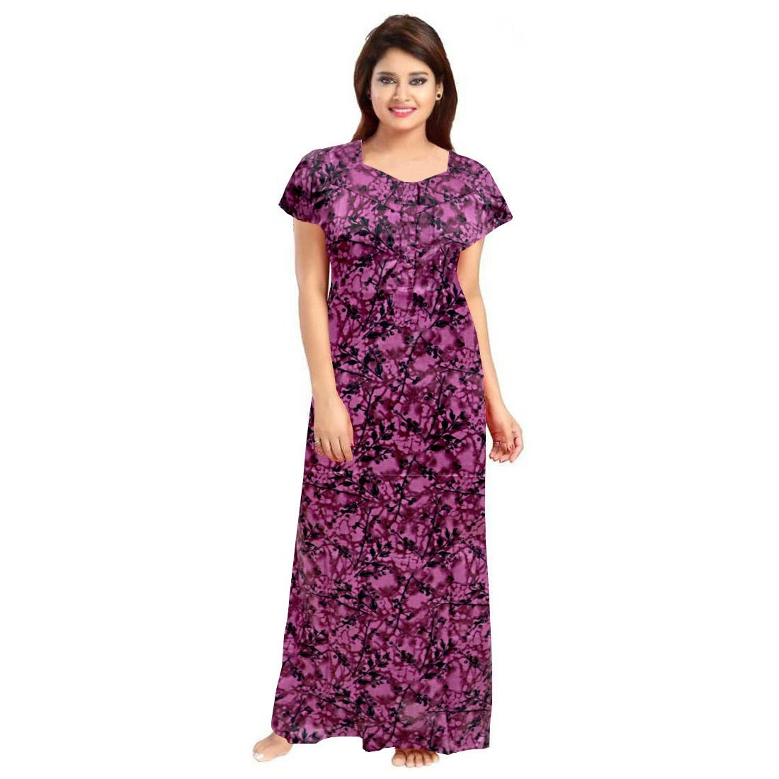 Women's Cotton Printed Maxi Nighty (Wine) - GillKart