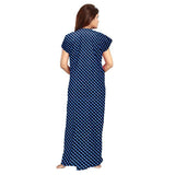 Blue cotton printed maxi nightgown with short sleeves and round neck for daily wear