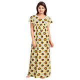 Off-white cotton printed maxi nightgown for women's daily wear with short sleeves and round neck