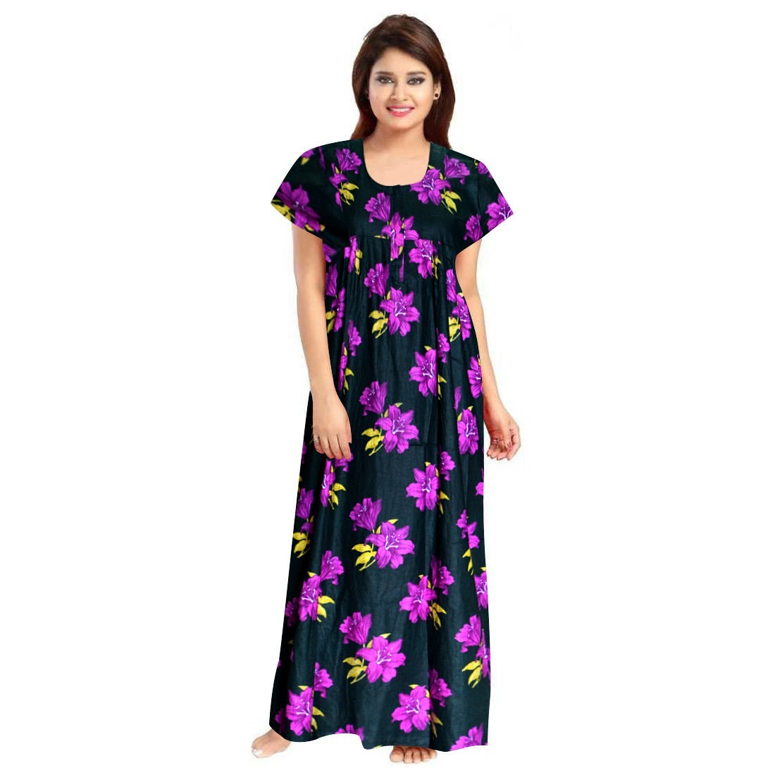 Women's cotton printed maxi nighty, short sleeves, round neck - daily wear pink loungewear
