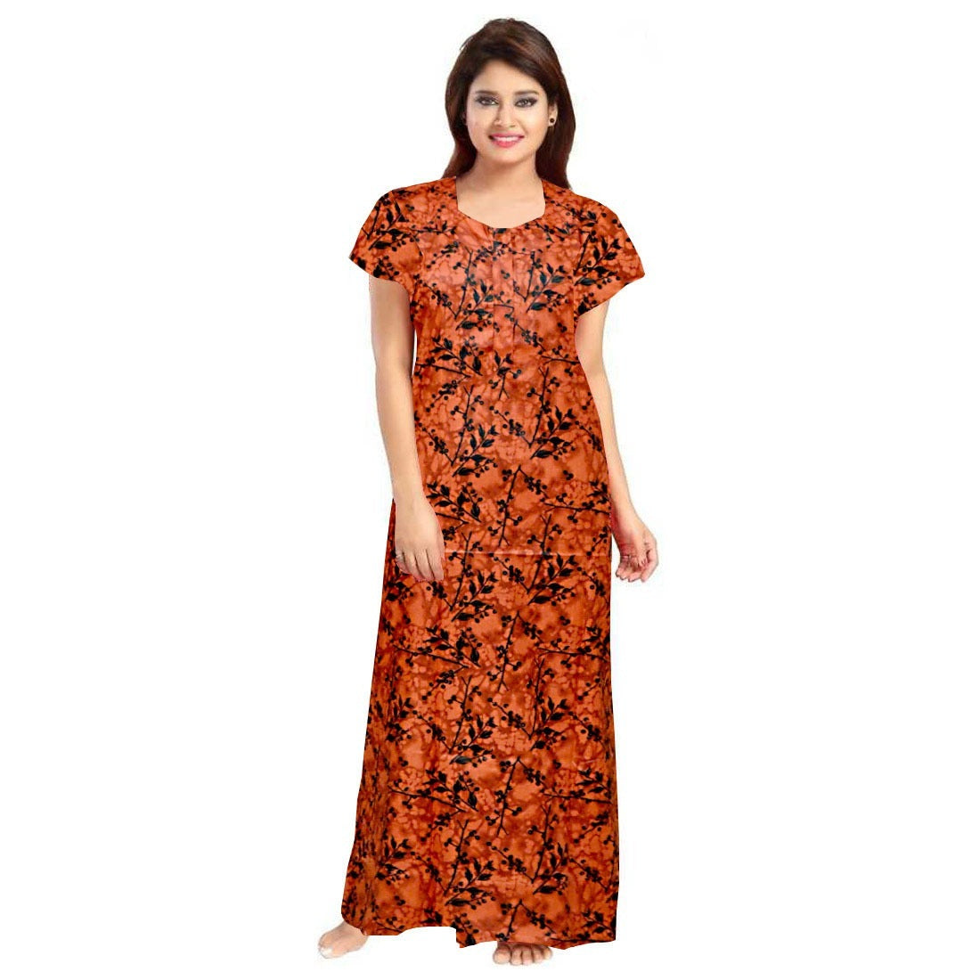 Women's Cotton Printed Maxi Nighty (Orange) - GillKart