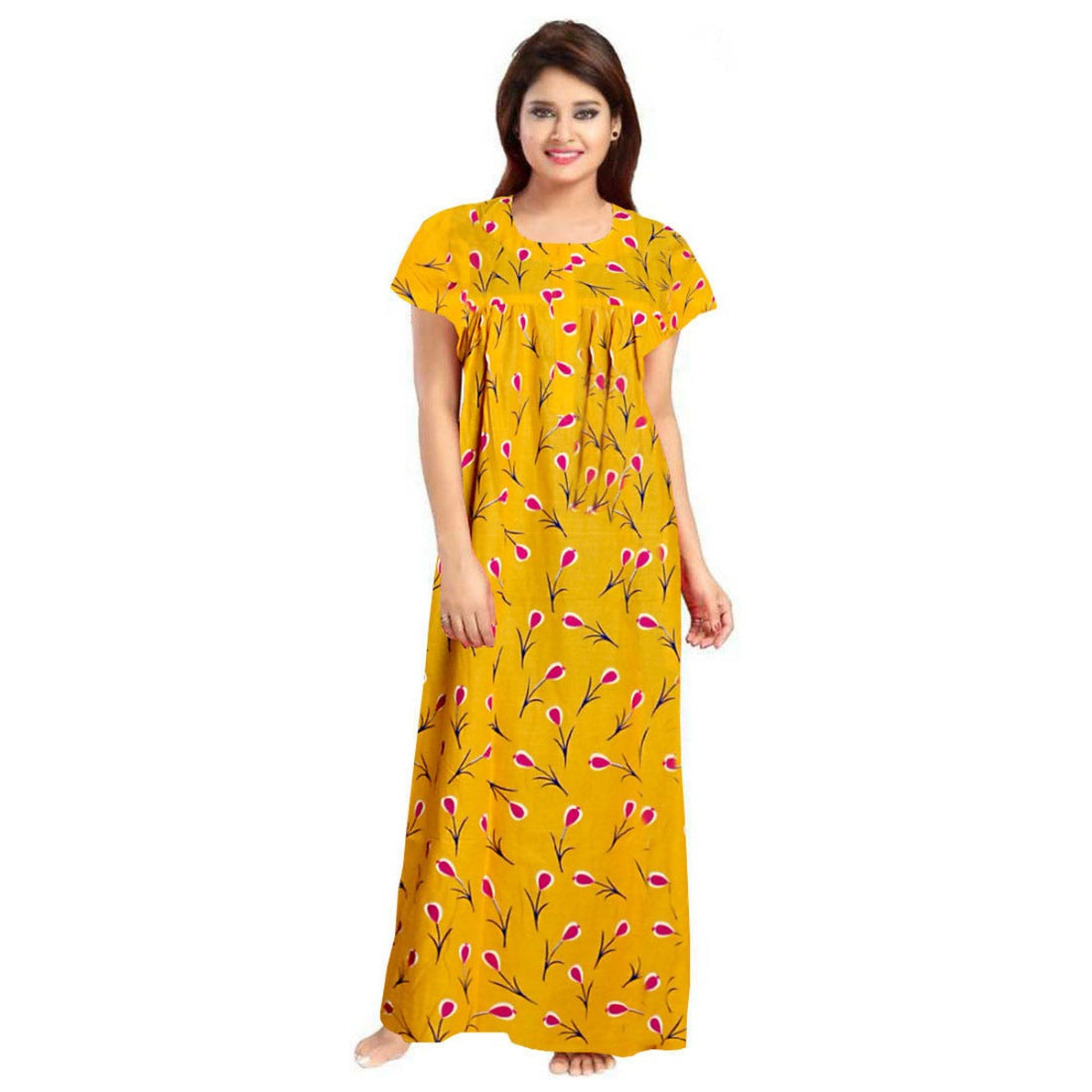 Yellow cotton printed maxi nightgown with short sleeves and round neck, suitable for daily wear