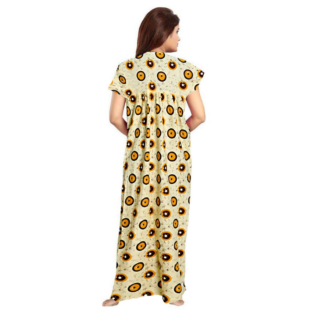 Off-white cotton printed maxi nightgown for women's daily wear, short sleeves and round neck
