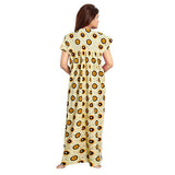 Off-white cotton printed maxi nightgown for women's daily wear, short sleeves and round neck