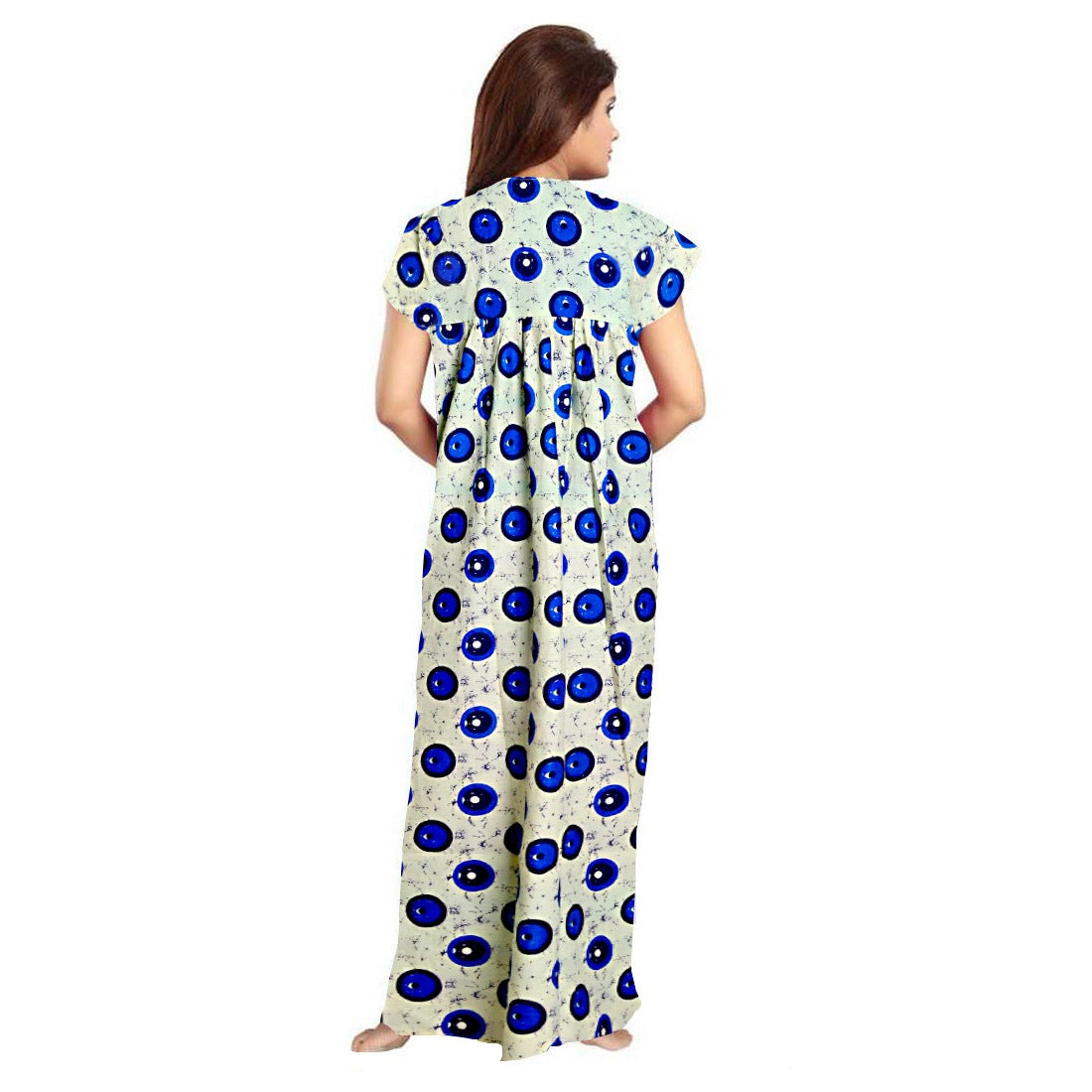 Off-white cotton printed maxi nighty for daily wear, short sleeves and round neck