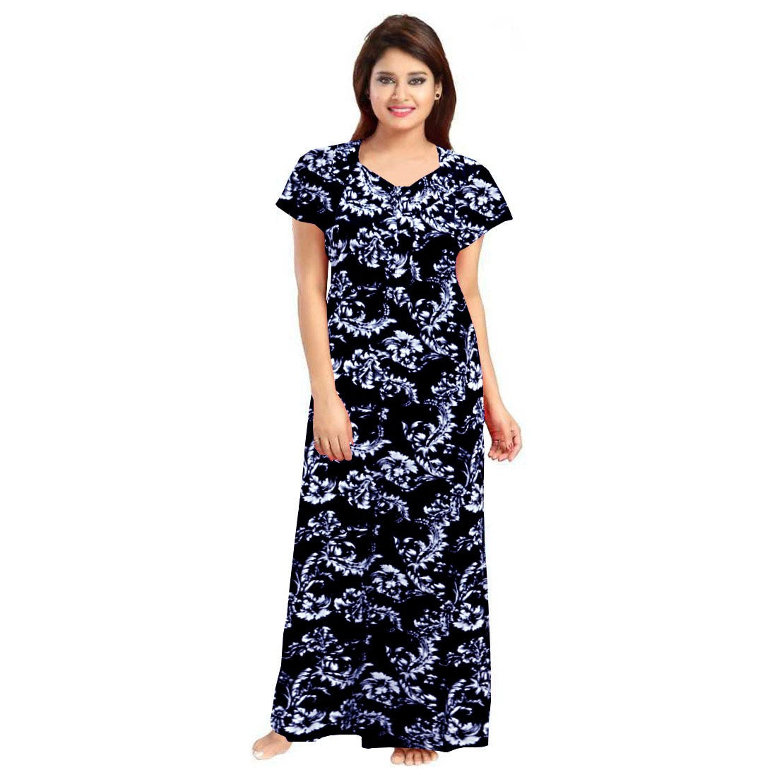 Blue cotton printed maxi nightgown for daily wear, short sleeves and round neck