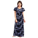 Blue cotton printed maxi nightgown for daily wear, short sleeves and round neck