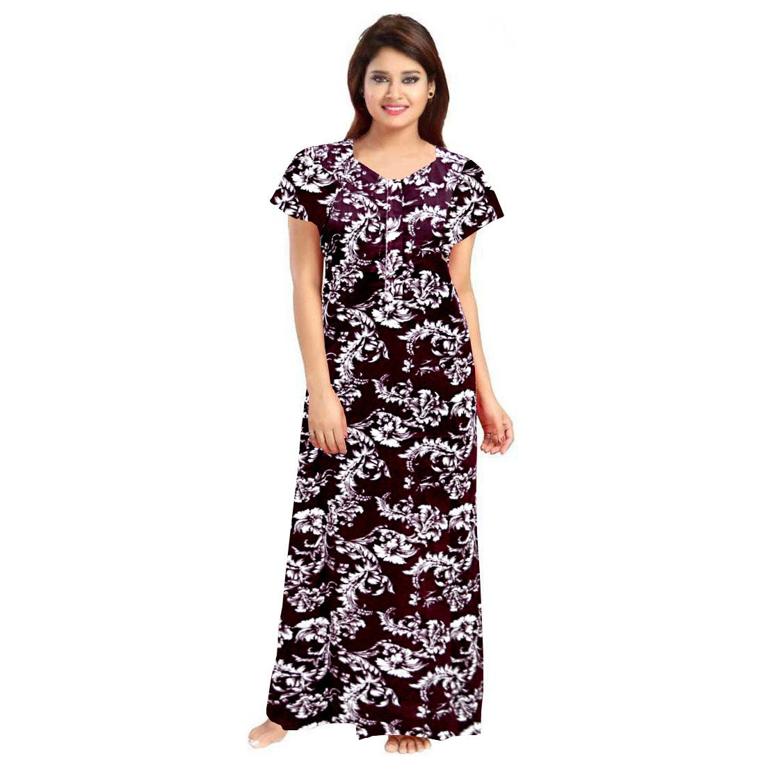 Wine cotton printed maxi nightgown for women, short sleeves, round neck - daily wear