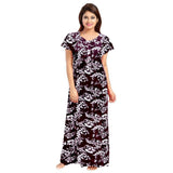 Wine cotton printed maxi nightgown for women, short sleeves, round neck - daily wear
