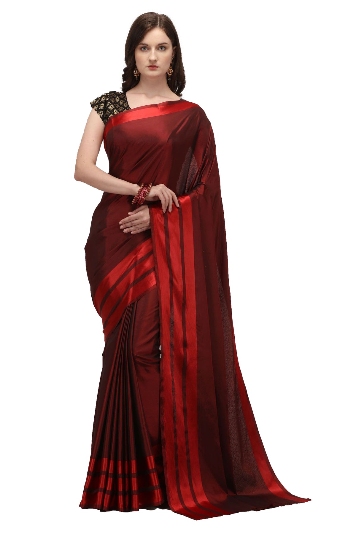 Women's Satin Silk Saree with Blouse (Red, 5-6 Mtrs) - GillKart