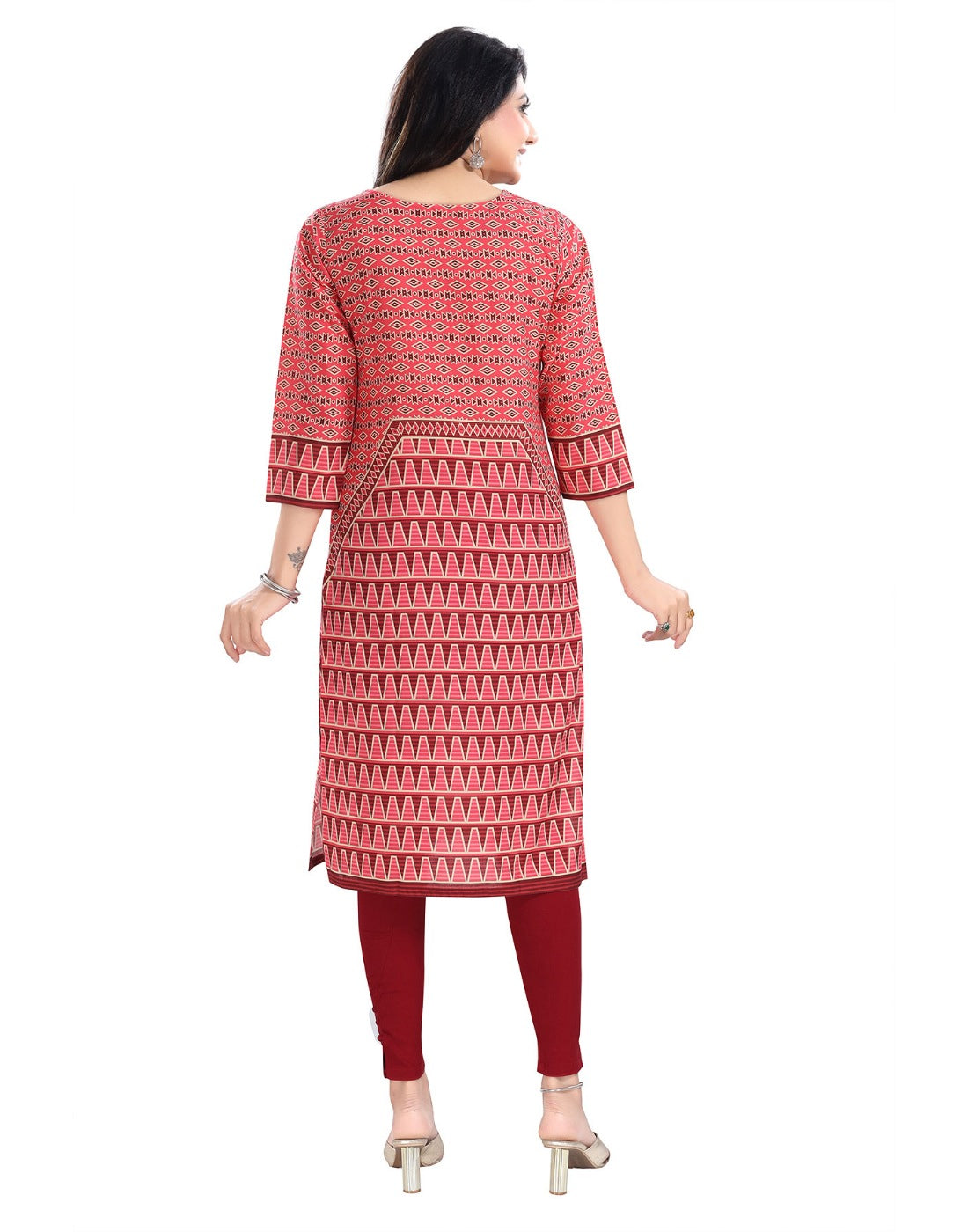 Women's 3/4th Sleeve Cotton Blend Tunic Long Kurti (Pink) - GillKart
