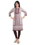 Beige cotton blend 3/4 sleeve tunic long kurti for women - Mandarin collar, knee-length style