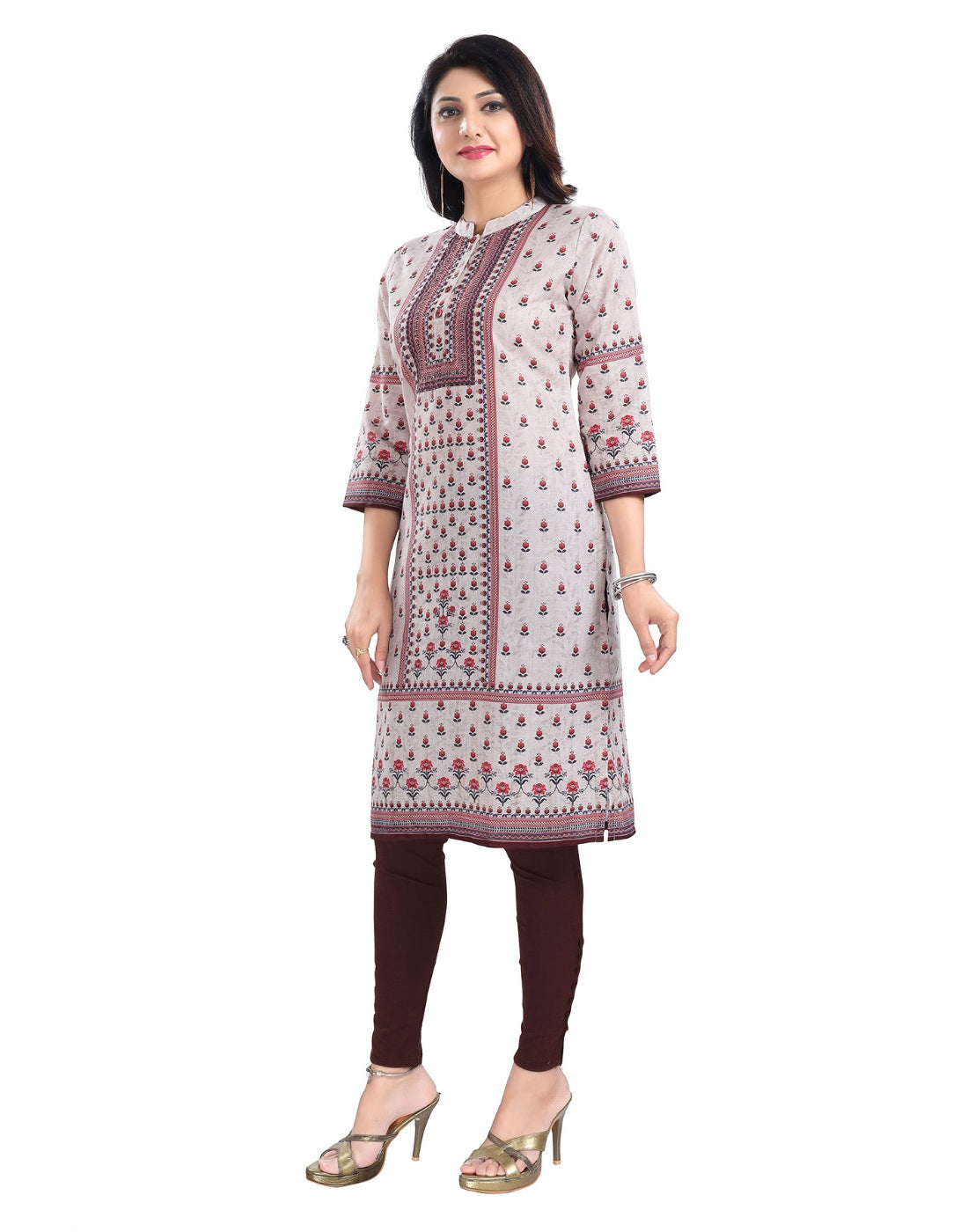 Beige cotton blend 3/4 sleeve tunic long kurti for women - mandarin collar, knee length, soft and comfortable