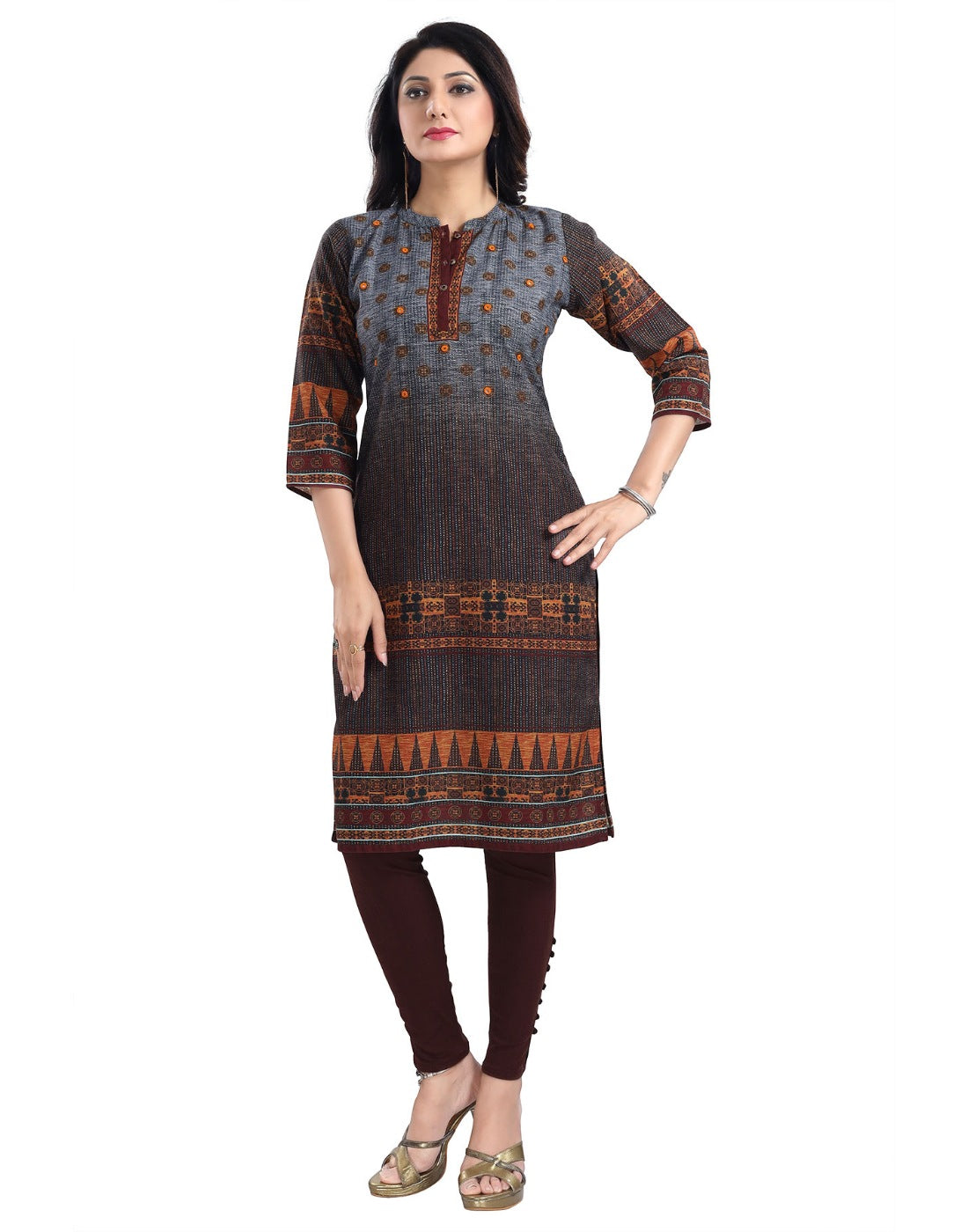 Brown cotton blend tunic long kurti with 3/4 sleeves and mandarin collar, ideal for women's fashionable, knee-length attire