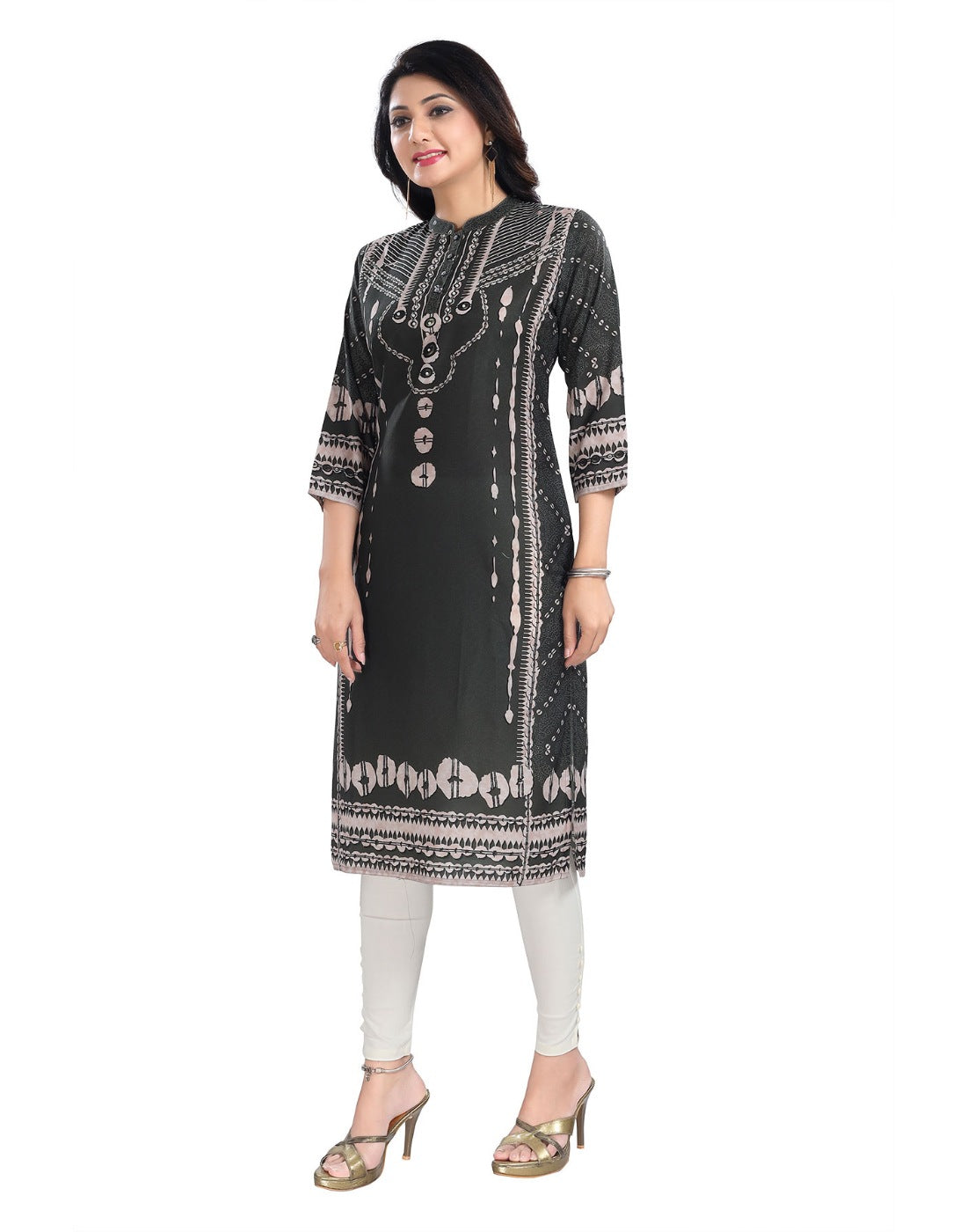 Olive Green 3/4 sleeve Masleen tunic long kurti for women, mandarin collar, knee length