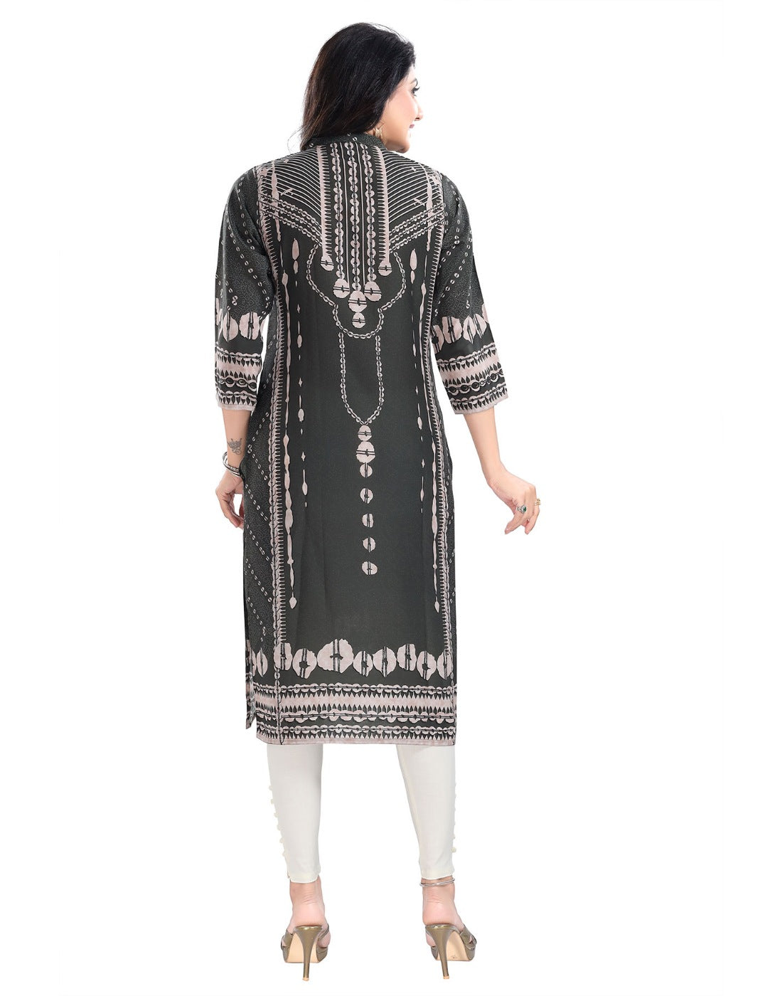 Olive green Masleen 3/4 sleeve tunic long kurti for women, knee length with mandarin collar
