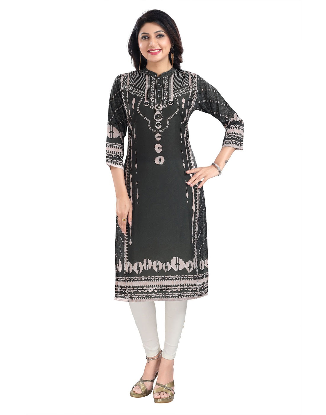 Olive green 3/4 sleeve Masleen tunic long kurti for women, mandarin collar, knee-length style