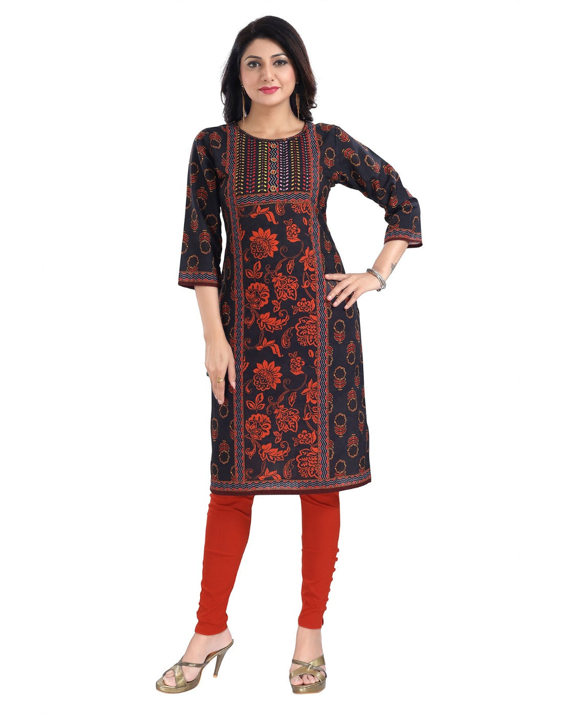 Women's 3/4th Sleeve Cotton Blend Tunic Long Kurti (Grey) - GillKart