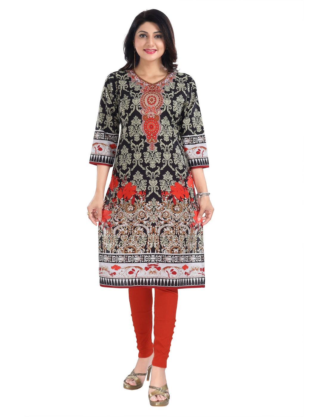 Women's 3/4th Sleeve Cotton Blend Tunic Long Kurti (Black) - GillKart