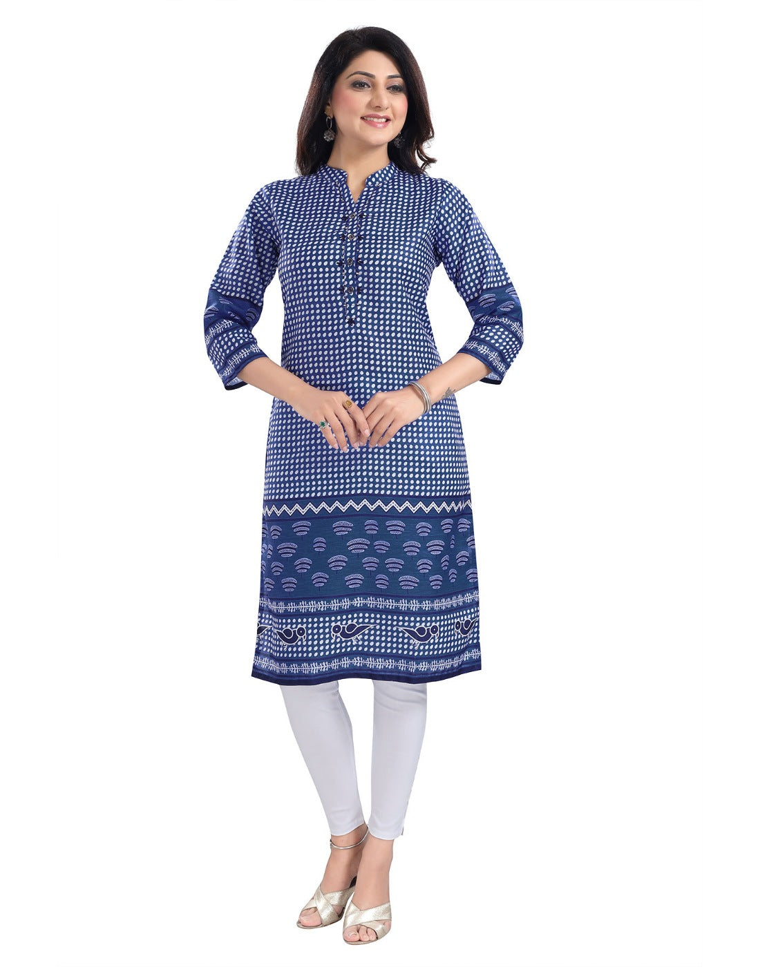 Women's 3/4th Sleeve Cotton Blend Tunic Long Kurti (Blue) - GillKart