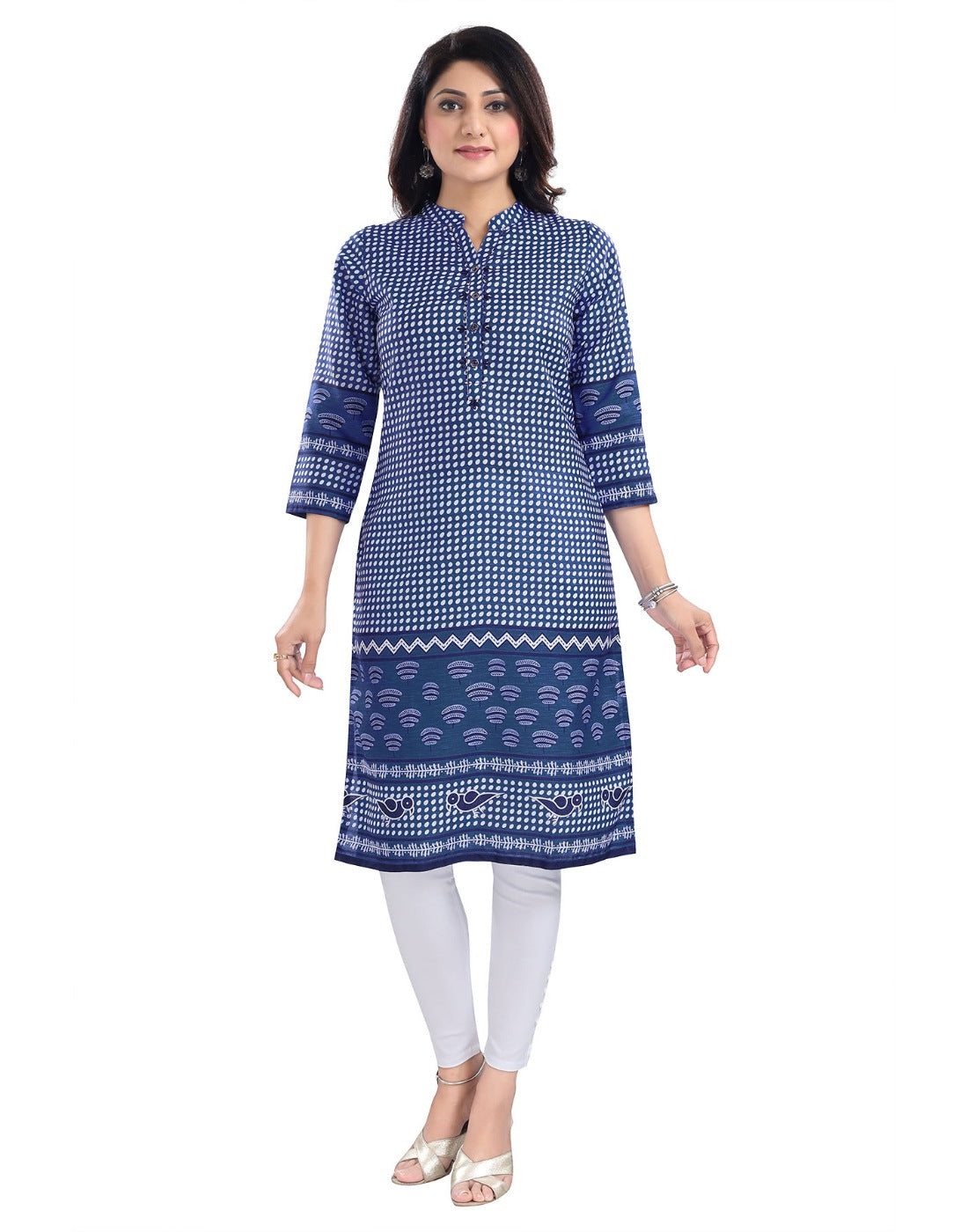 Women's 3/4th Sleeve Cotton Blend Tunic Long Kurti (Blue) - GillKart