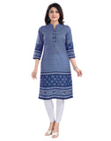 Women's 3/4th Sleeve Cotton Blend Tunic Long Kurti (Blue) - GillKart