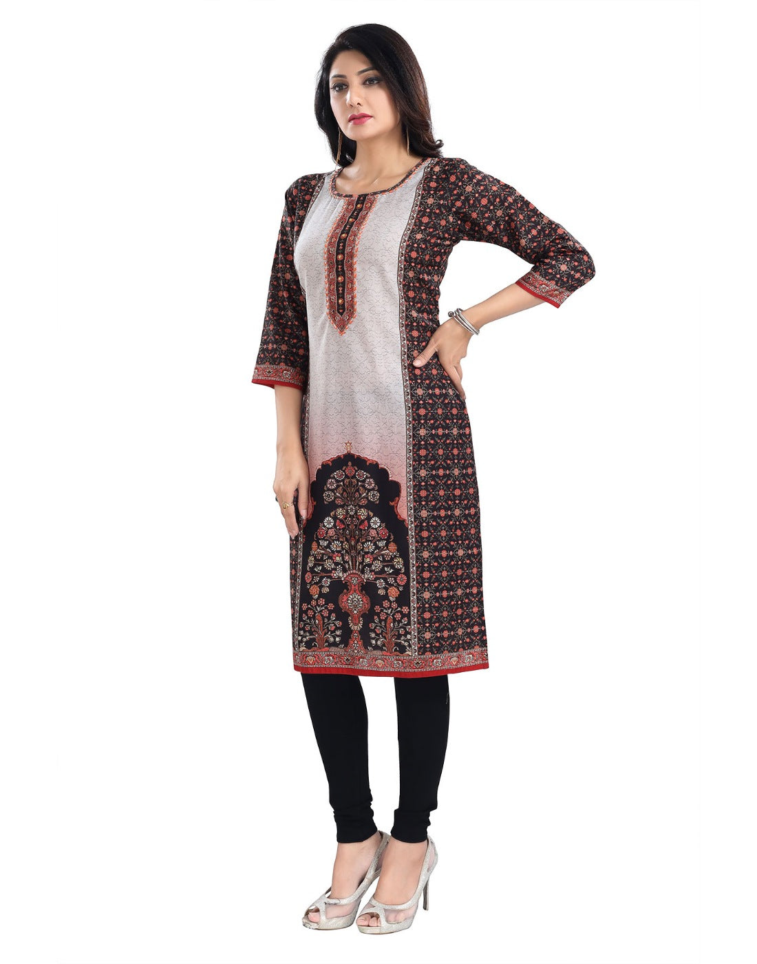 Brown cotton blend tunic long kurti with 3/4 sleeves and round neck, ideal for women's casual wear